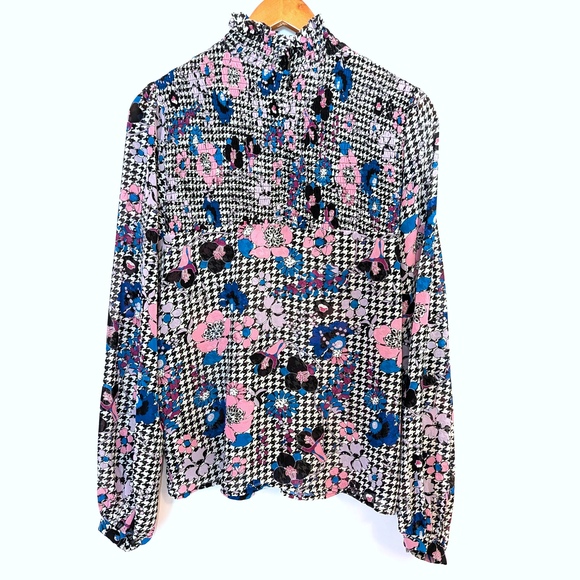 Guess | Floral Fantasy Houndstooth Print High Neck Blouse Pink Blue | Medium - Picture 8 of 12